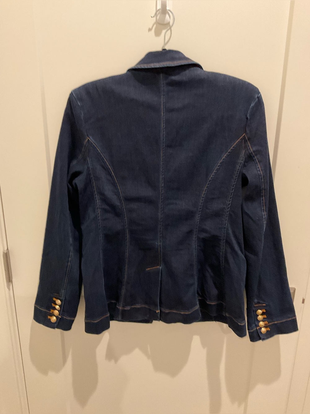 Sam Edelman Imogen Double-Breasted Dark Denim Blazer with Gold Buttons - Picture 3 of 5